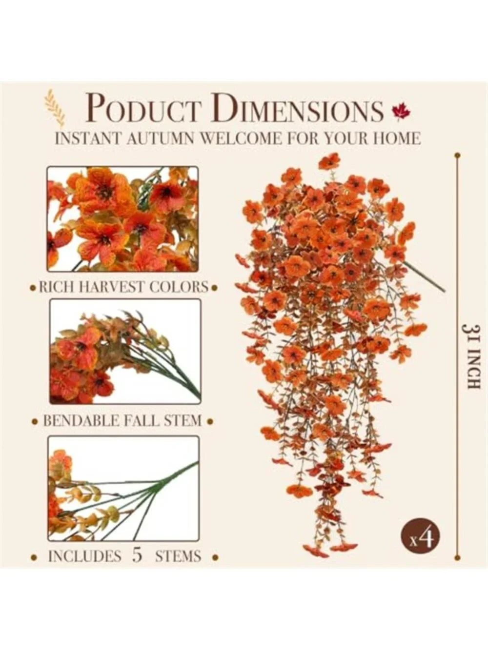 4PCS Artificial Hanging Fall Flowers Fall Decoration UV Resistant